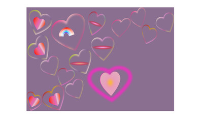 Many bubble loves, some with water inside, some with love inside, and one with rainbow inside and below is a pink love frame with a love rotates inside with purple background