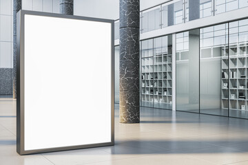 Contemporary empty white billboard in interior with glass partitions, columns and concrete...
