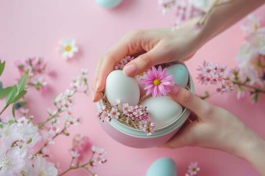 A woman deftly arranging flowers and Easter eggs into a gift box. An essence of springtime, harmony, tender moments theme. Soft pink background, space for text. 