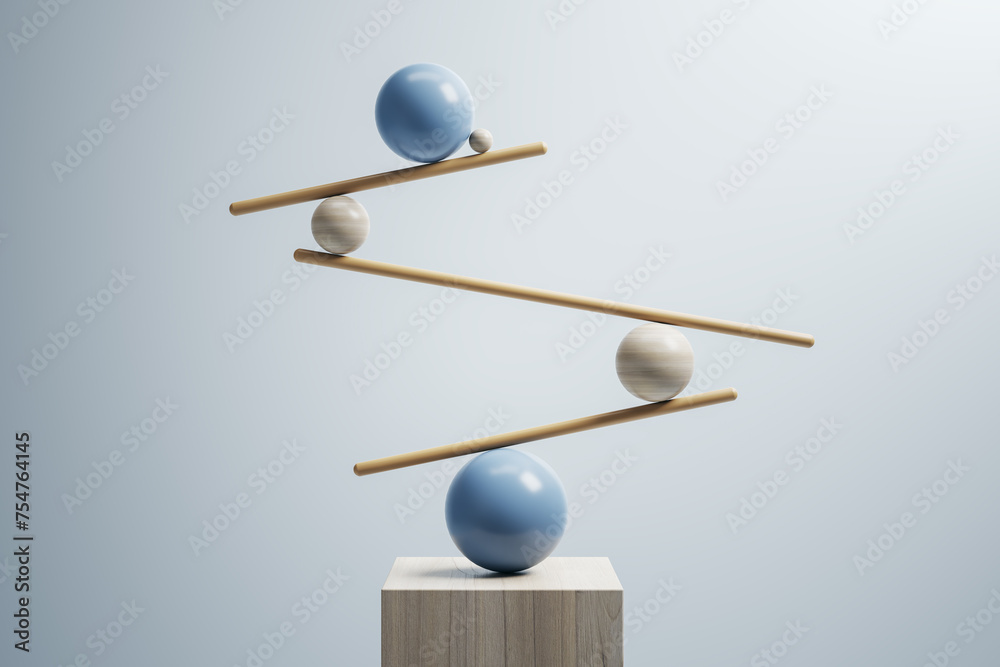 Poster surreal balance of spheres and rods on a wooden cube. minimalist equilibrium concept. 3d rendering