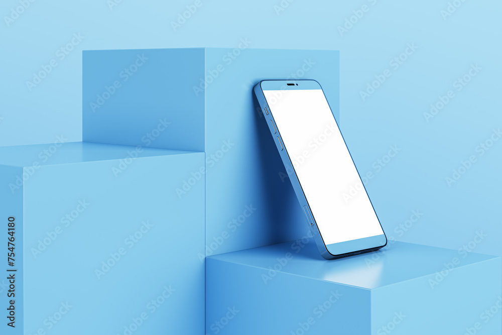 Aufkleber Empty white smartphone on geometric block pedestal on blue background with mock up place. 3D Rendering.