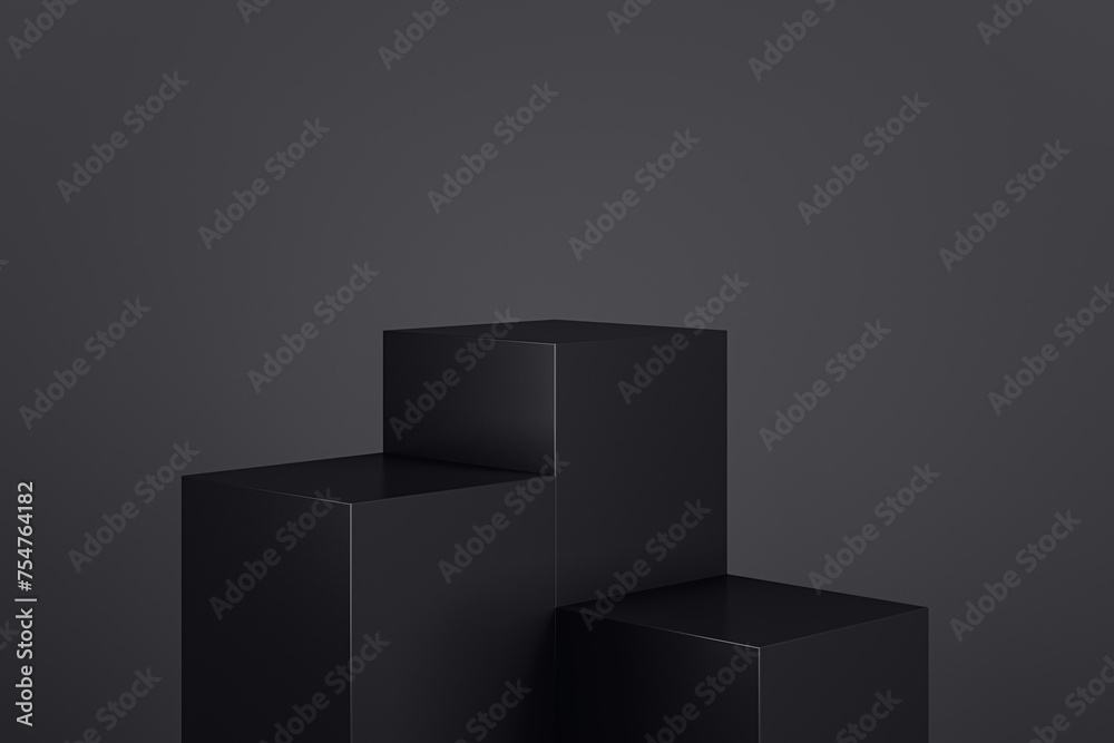 Poster Black geometric block pedestal on dark background with mock up place. 3D Rendering.