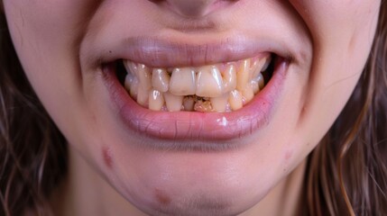 Closeup open mouth with very bad crooked teeth, caries. Ugly smile. Dental problems with oral hygiene. 
