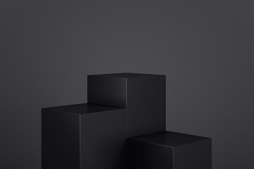 Black geometric block pedestal on dark background with mock up place. 3D Rendering.