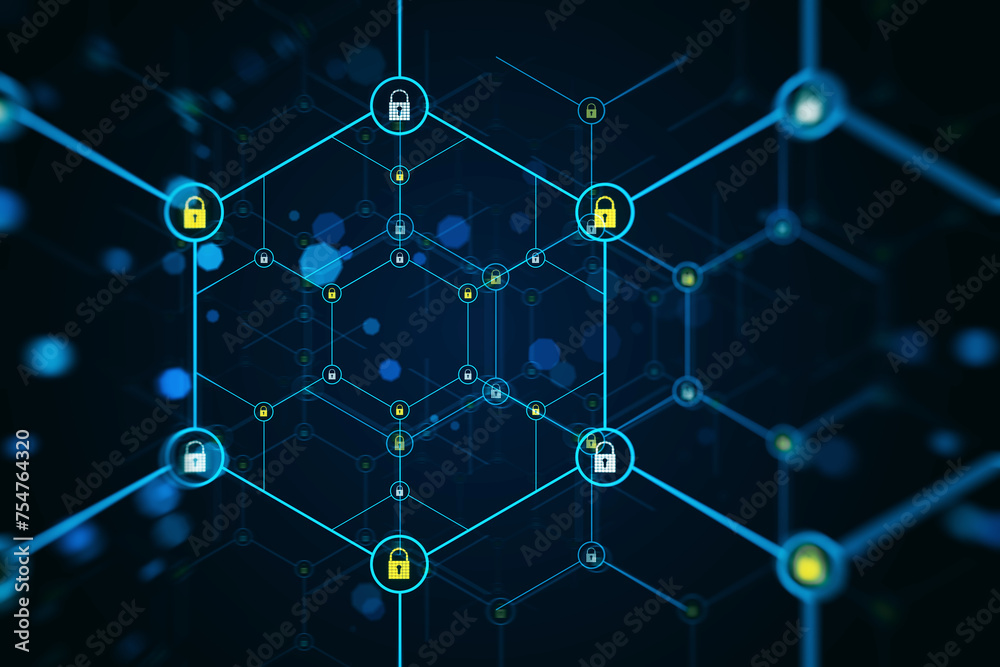 Poster An abstract digital network design with a dark blue background featuring light effects representing data encryption technology. 3D Rendering