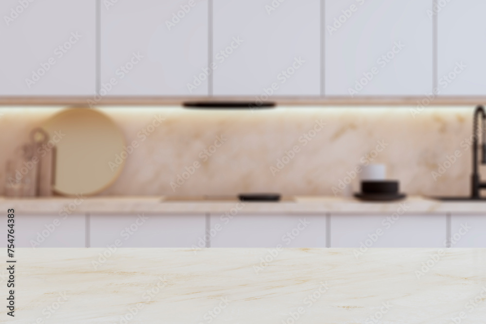 Poster An empty, modern kitchen interior with a marble tabletop in the foreground and a blurred counter in the background. 3D Rendering