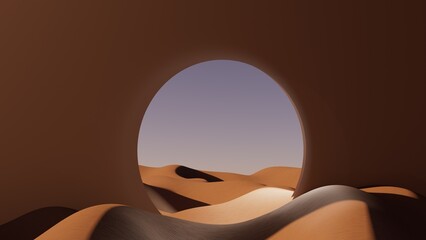 3d illustration Round gate with desert at sunset