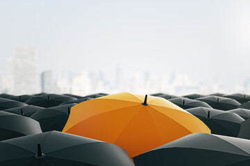 Fototapeta na wymiar Solitary orange umbrella amidst black ones against blurred cityscape. Uniqueness and individuality concept. 3D Rendering