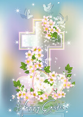 Crystal Easter cross with springs flowers vip card, vector illustration
