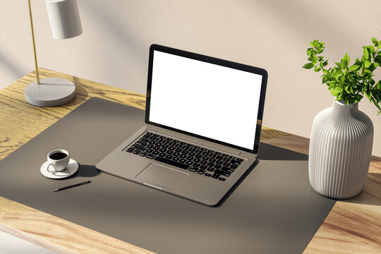 Sleek laptop mockup on wooden table with coffee cup, ready for work. 3D Rendering