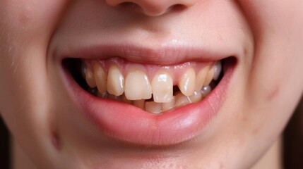 Closeup open mouth with very bad crooked teeth, caries. Ugly smile. Dental problems with oral hygiene. 
