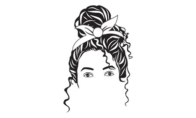 Hand drawn girl with messy hairstyle, vector line art illustration