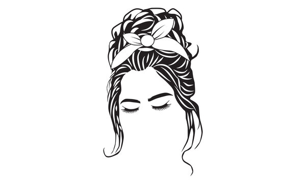 Woman face with messy hair in a bun and long eyelashes. vector illustration
