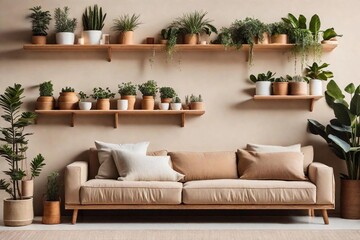 modern living room with sofa and plants on shelf
