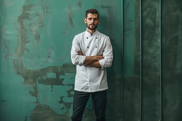 A man in a chef's uniform stands in front of a wall with graffiti on it