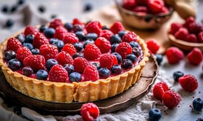 Delicious tartlets with fresh raspberries and blueberries on wooden background. Generative Ai. 
