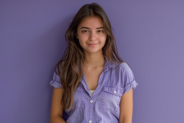 Fototapeta premium A woman is smiling and wearing a purple shirt
