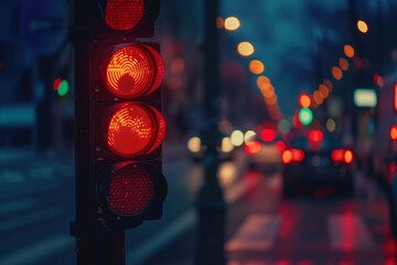 A red traffic light is lit up in the middle of a busy street