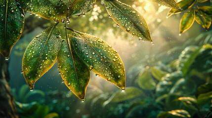 Fresh Green Leaves with Dew Drops, Natures Beauty in Close-Up, Bright and Vibrant Environmental Concept