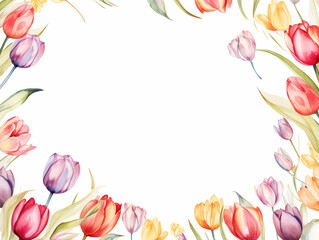 colorful tulip flower botanical border frame Happy Easter with copy space in the middle spring season on white background