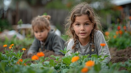 Two little girls working in the vegetable garden. Generative Ai. 