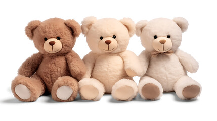 Three teddy bears sitting on the floor isolated on a white background