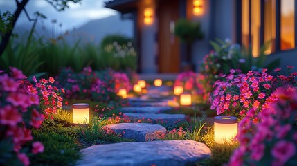 Fototapeta na wymiar Small Solar Garden Light, Lanterns In Flower Bed. Garden Design. Solar Powered Lamp. Generative Ai