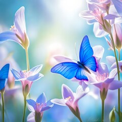 Dreamy spring bellflowers bloom, butterfly close-up, sunlight panorama. Spring floral mixed media art. Delicate artistic toned image. Pastel blue pink toned. Macro with soft focus. Nature background