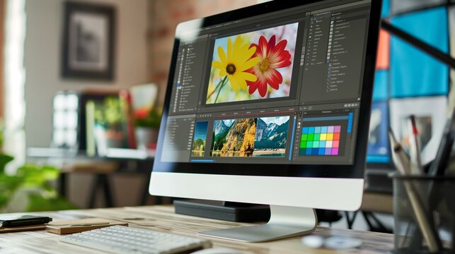Modern Graphic Design Workspace with Photo Editing Software on Screen.