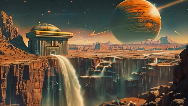 fantasy landscape with planet and waterfall. 4k video