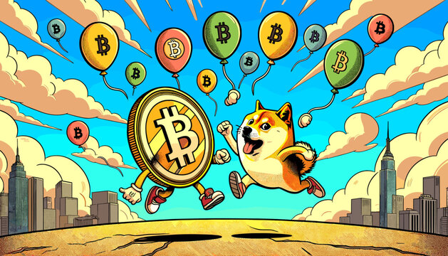 Concept of the image of the pleased bitcoin and doge coin.
Vector illustration.