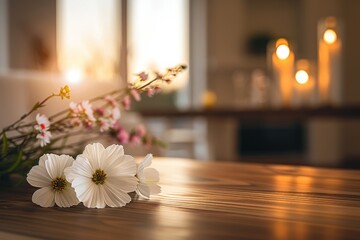 Obraz na płótnie Canvas flowers on a wooden table, bokeh background