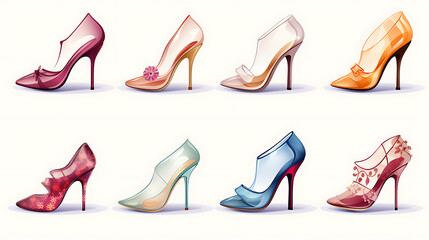 Illustration of various women's shoes on a white background