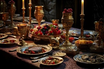 Obraz na płótnie Canvas Medieval Banquet Feasting in Royal Style with Ornate