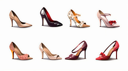 Set of different high heel shoes isolated on white background.