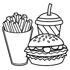 Fast food hamburger and french fries icon. Outline illustration of fast food hamburger and french fries vector icon for web