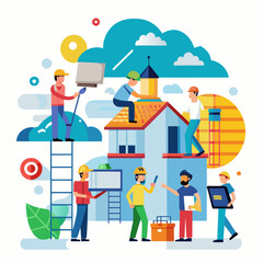 construction people are repairing the house. Flat vector illustration