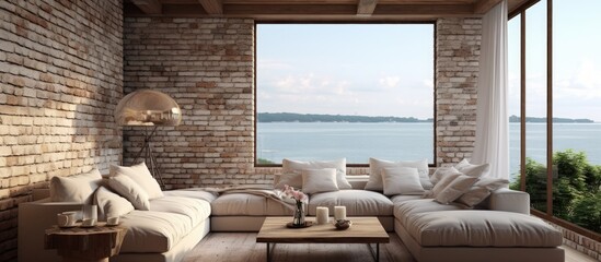 A living room filled with modern furniture, including a sofa, coffee table, and chairs, all against a white brick wall backdrop. A large window offers a stunning sea view.