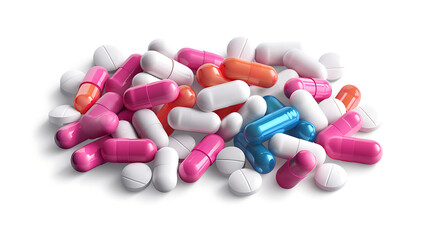 Pile of colorful pills isolated on white background. 3d illustration
