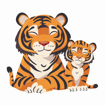 Cute Cartoon Tiger and Cub in Flat Illustration Style with Orange Stripes, Svg Eps Vector File