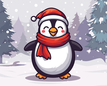 Cute Christmas Penguin in Scarf and Hat on Snowy Forest Backdrop, Svg Eps Vector File
