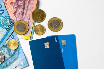 Hungarian banknotes and coins with credit card
