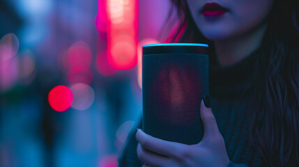 Close-up of a female hand holding a smart speaker against a neon cityscape at nighttime