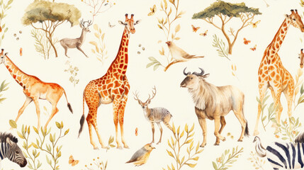 Fototapeta premium Serene watercolor illustration of African wildlife in earthy tones