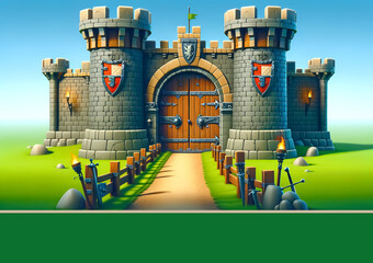 Detailed 3D caricature portrayal of medieval fortress gate, Intricate digital illustration of medieval fortress gate, Fantasy-inspired digital illustration of medieval fortress entrance