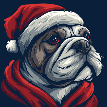 Bulldog in Santa Hat and Scarf Vector Art, Christmas Theme