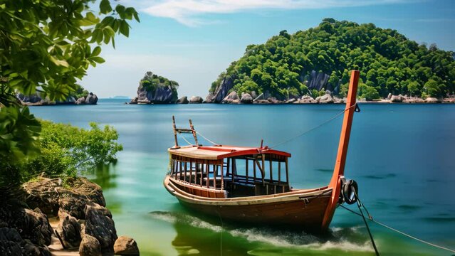Traditional Thai longtail boat on the beach in Krabi, Thailand, Longtail boat anchored in the sea, with the landscape of the archipelago visible in the background, AI Generated