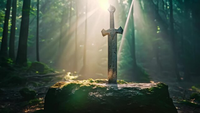 the knight's sword was stuck in a rock full of moss. 4k video