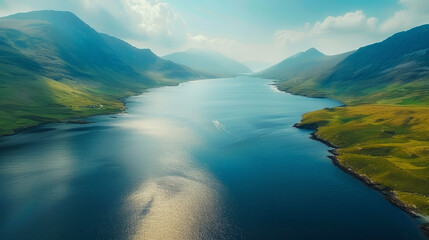 Breathtaking view of Killary Harbour, a serene fjord in Ireland, basked in sunlight