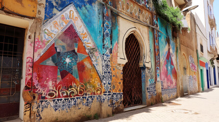 Fototapeta premium Colorful street art on the ancient walls of the Kasbah of the Udayas in Rabat